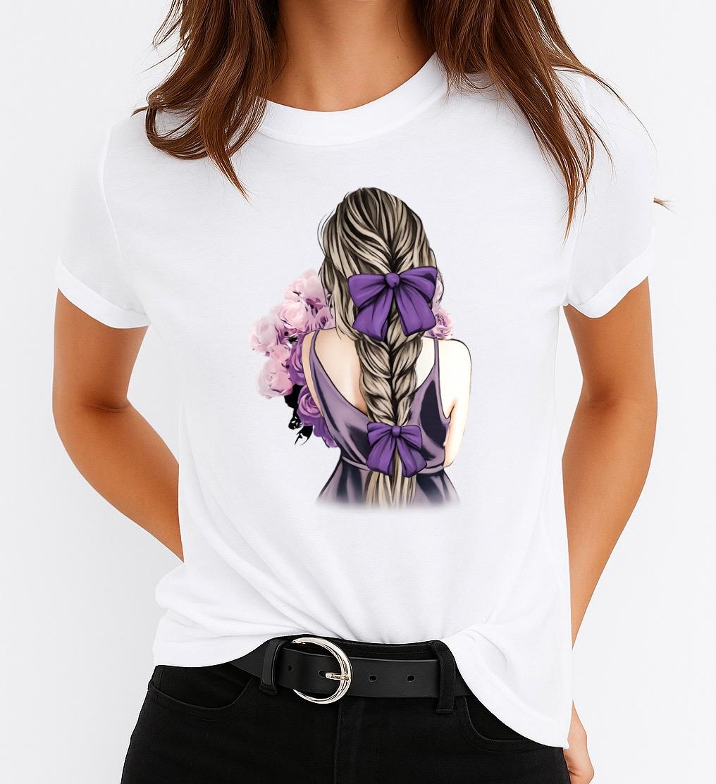 Tricou Alb Dama din Bumbac 100% - Mov Girl - MonCherie