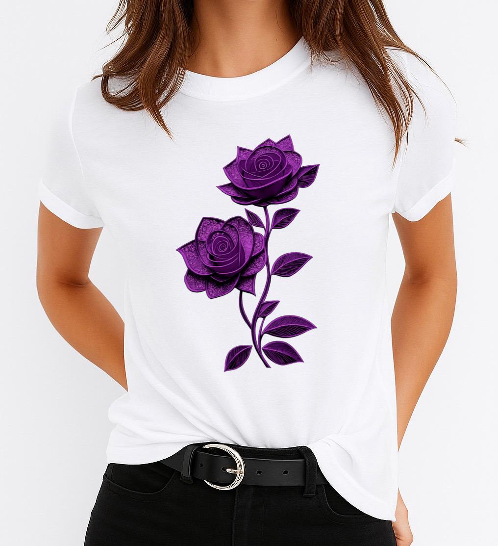 Tricou Alb Dama din Bumbac 100% - Flori Mov - MonCherie