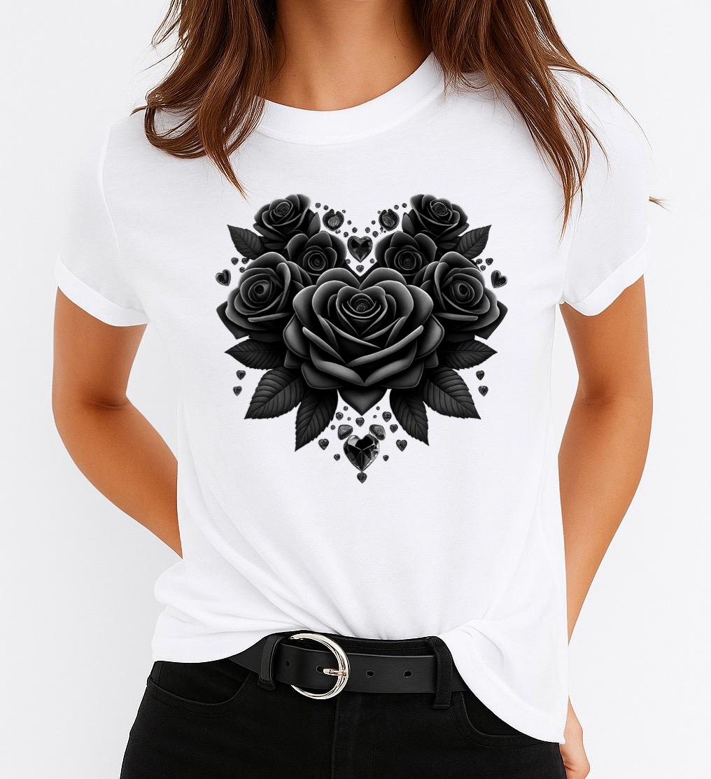 Tricou Alb Dama din Bumbac 100% - Black Bouquet - MonCherie