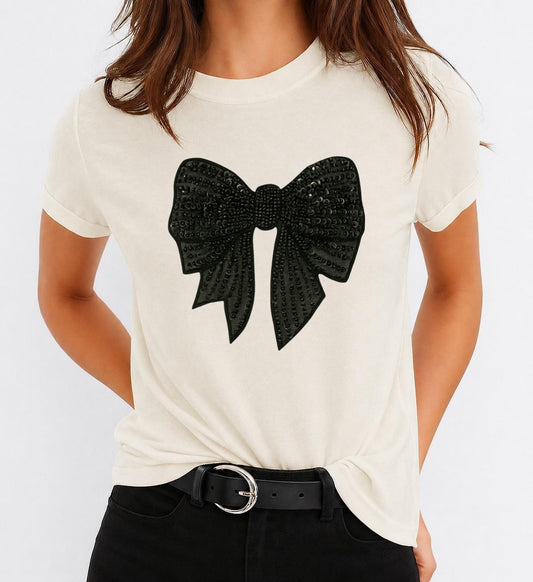 Tricou Bej Dama din Bumbac 100% - Fundita Neagra