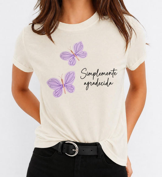 Tricou Bej Dama din Bumbac 100% - Doi Fluturi Mov - MonCherie