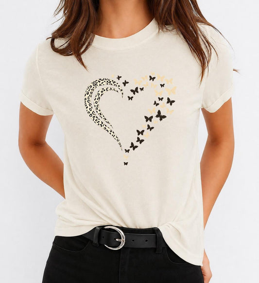 Tricou Bej Dama din Bumbac 100% - Double Heart - MonCherie
