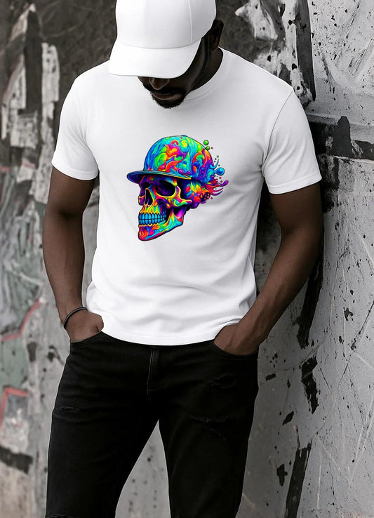 Tricou alb din bumbac 100% Craniu color