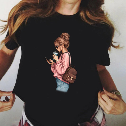 Tricou Negru Dama din Bumbac 100% - Drink Coffee