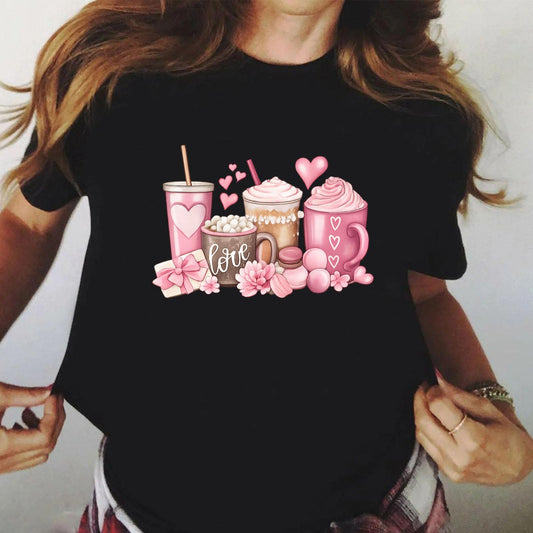 Tricou Negru Dama din Bumbac 100% - Pink Drink