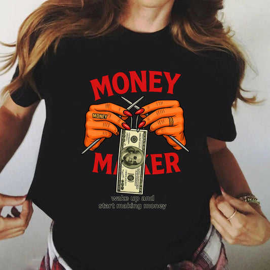 Tricou Negru Dama din Bumbac 100% - Money Maker