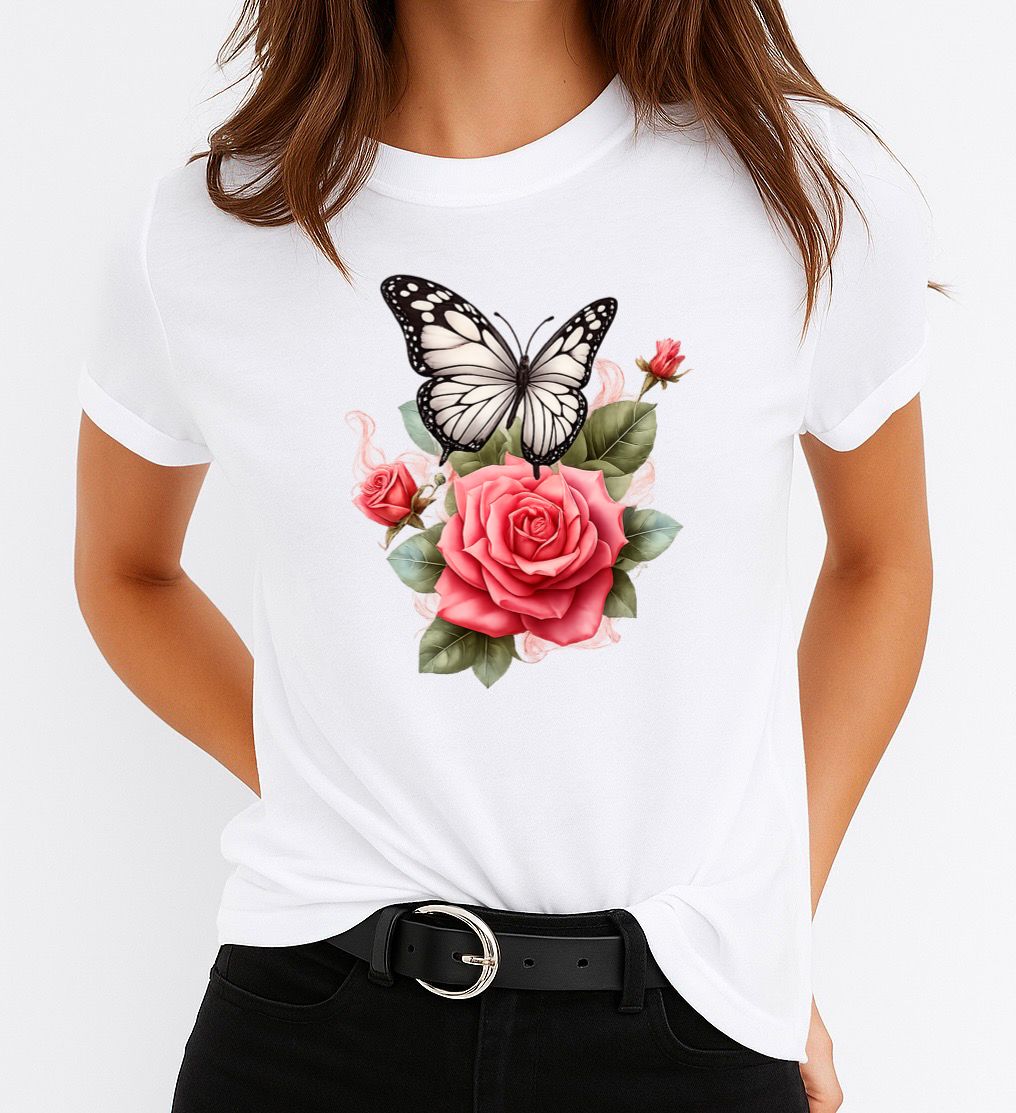 Tricou Alb Dama din Bumbac 100% - Butterfly and pink flower
