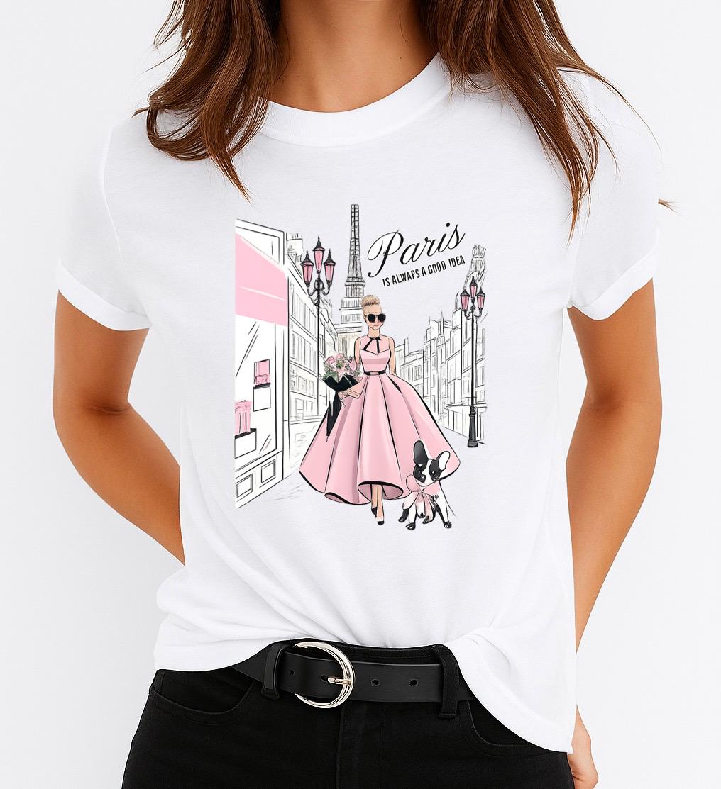 Tricou Alb Dama din Bumbac 100% - Pink paris