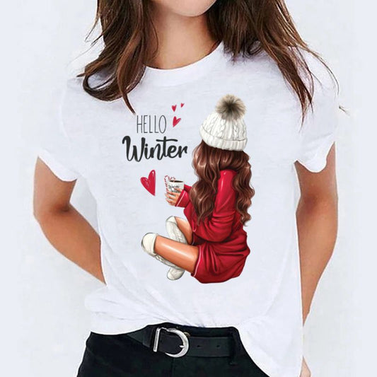 Tricou dama din bumbac 100% White Hello Winter