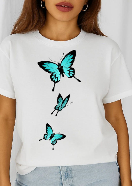 Tricou dama din bumbac 100% 3 Blu Butterflies New