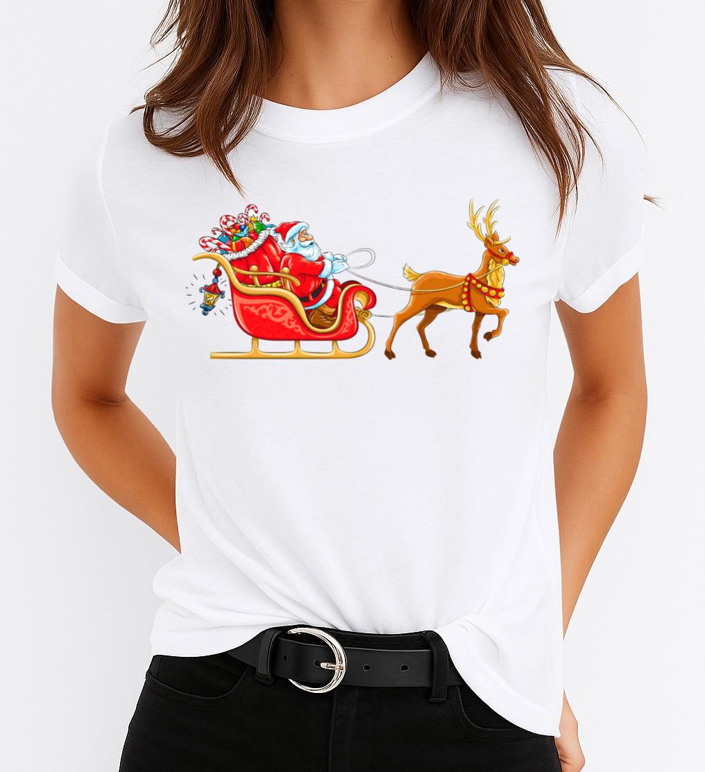Tricou dama din bumbac 100% Mos Craciun cu Sanie 1