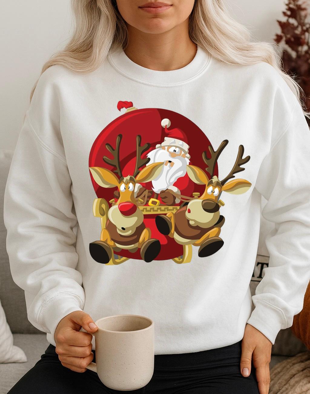 Bluza alba din bumbac 100% Mos Craciun si Reni