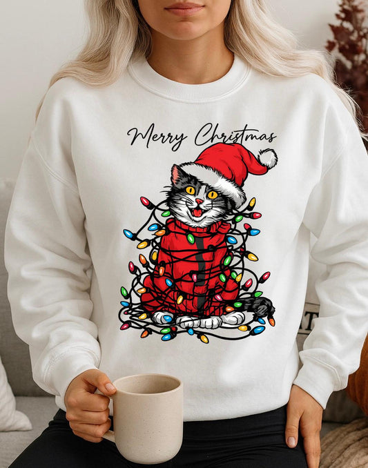 Bluza alba din bumbac 100% Cat christmas