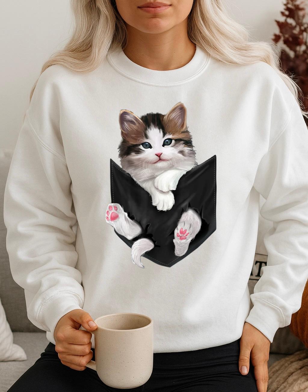 Bluza Alba Dama din Bumbac 100% Cute Cat - MonCherie
