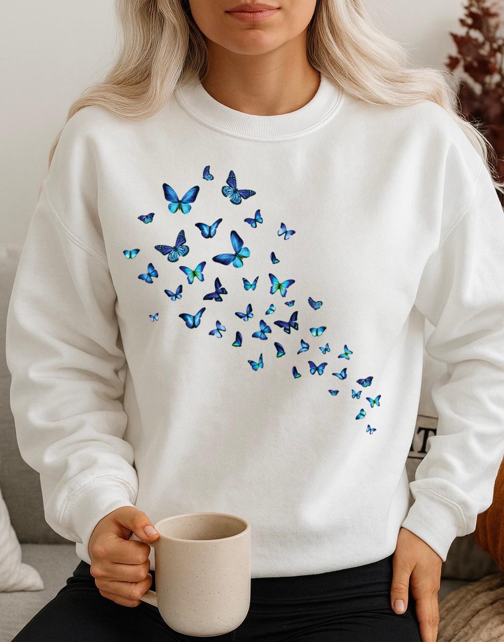Bluza Alba Dama din Bumbac 100% Fluturi Albastri