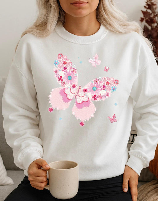 Bluza Alba Dama din Bumbac 100% Fluture Roz - MonCherie