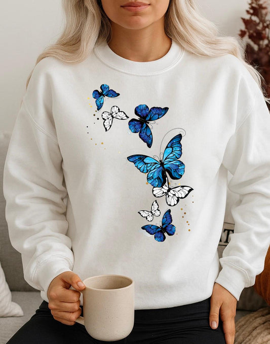 Bluza Alba Dama din Bumbac 100% Fluturi Blue - MonCherie