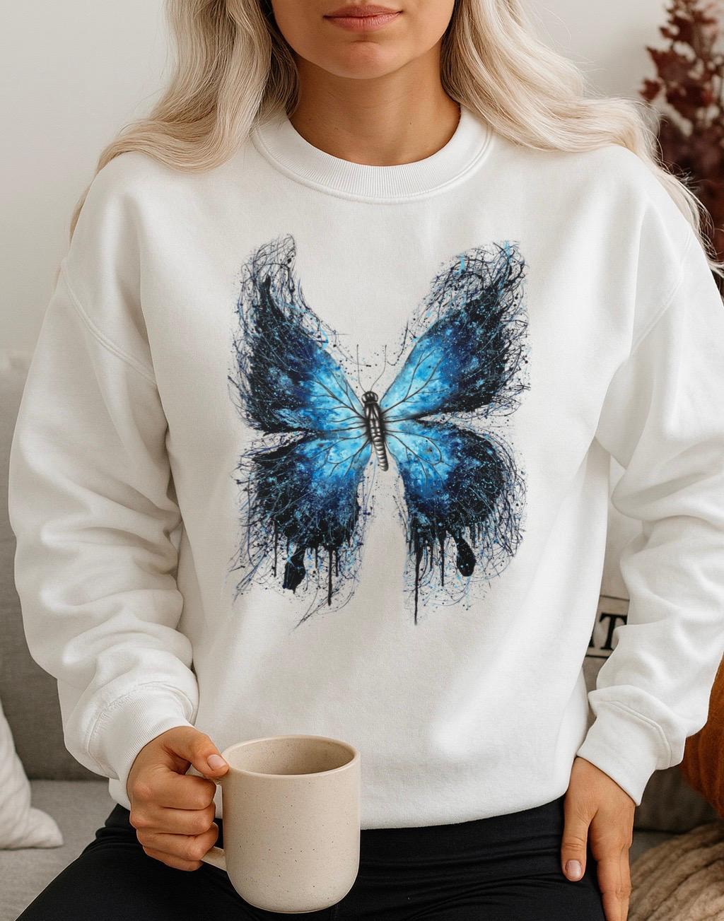 Bluza Alba Dama din Bumbac 100% Fluture Albastru