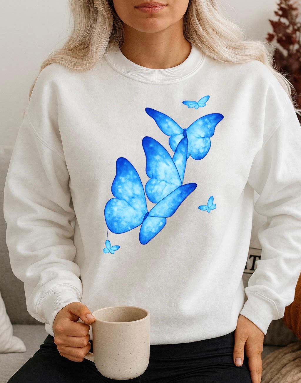Bluza Alba Dama din Bumbac 100% 3 Blue Butterflies