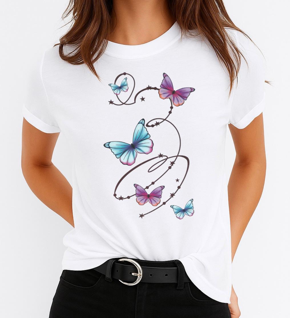 Tricou dama din bumbac 100% Butterflies Blue