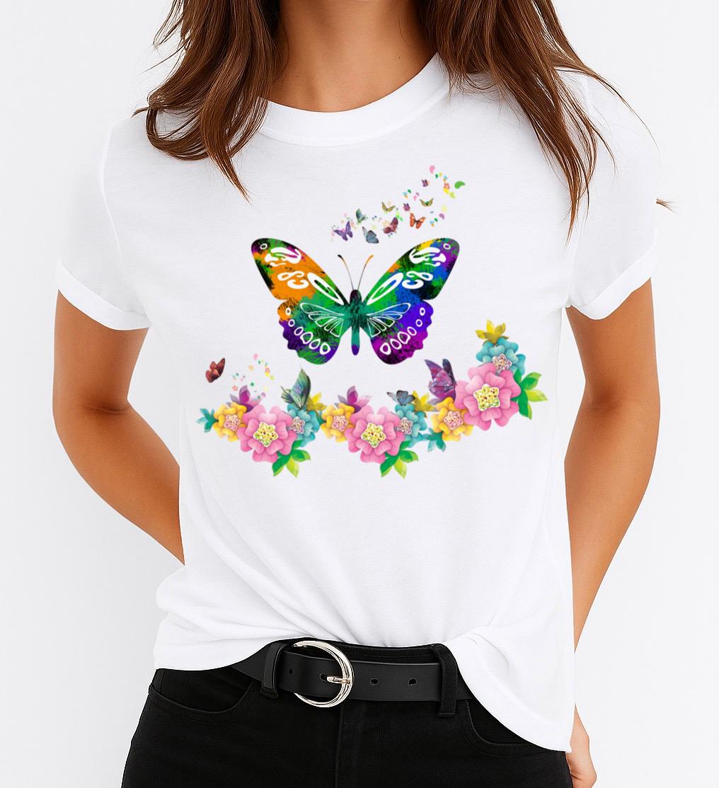 Tricou dama din bumbac 100% Butterfly And Flowers