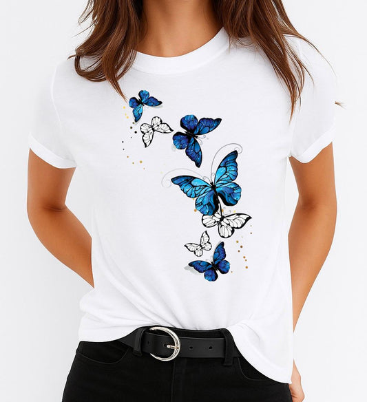 Tricou dama din bumbac 100% Fluturi Blue