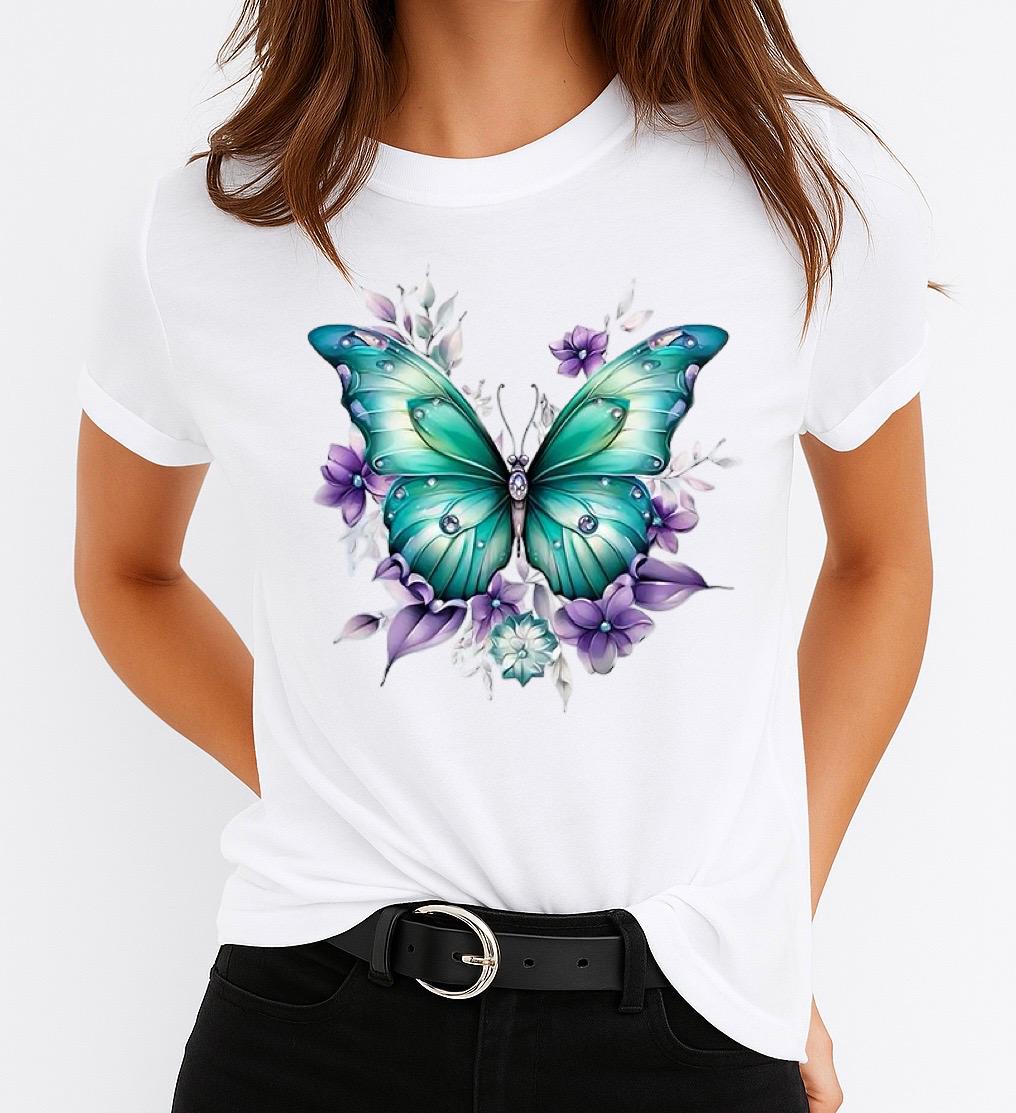 Tricou dama din bumbac 100% Butterfly Blue-Mov