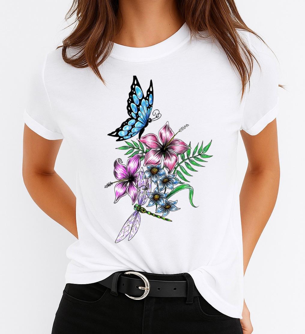 Tricou dama din bumbac 100% Flori si Fluturi