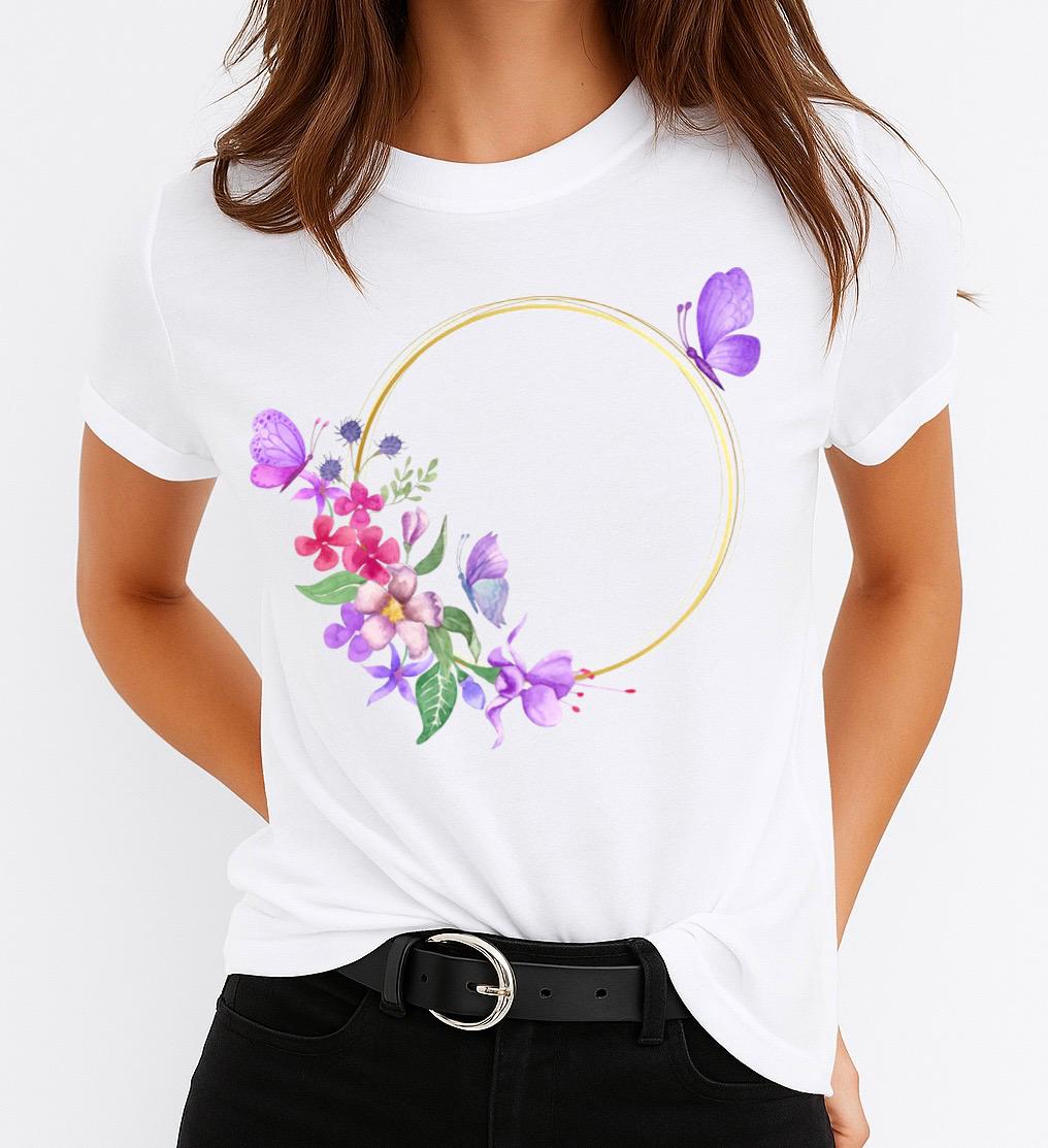 Tricou Alb Dama din Bumbac 100% - Inel Fluturi Mov 2