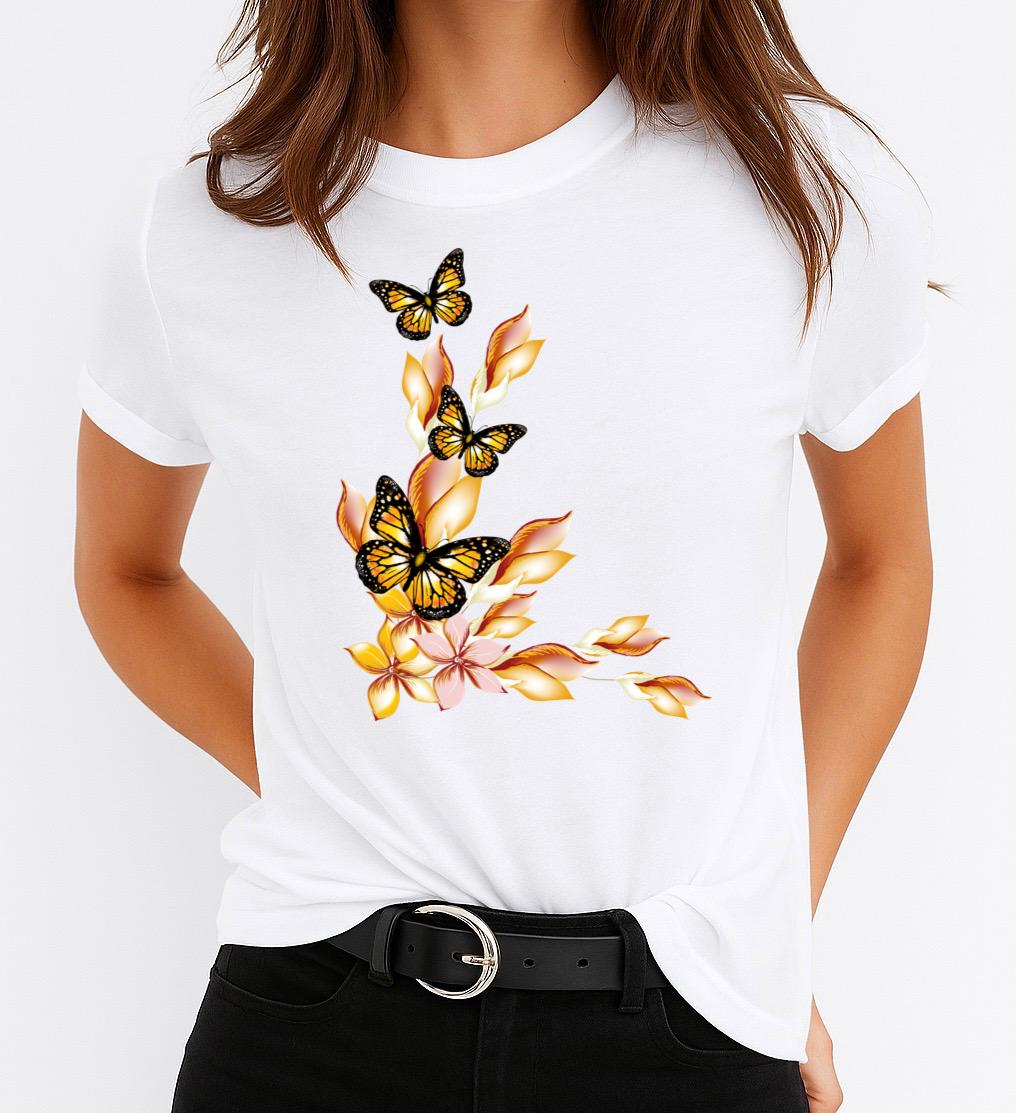 Tricou dama din bumbac 100% Yellow 3 Butterflies