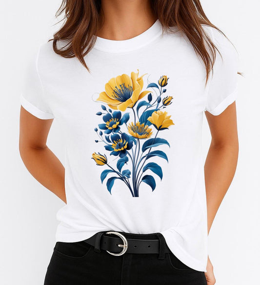 Tricou dama din bumbac 100% Yellow and blue flowers