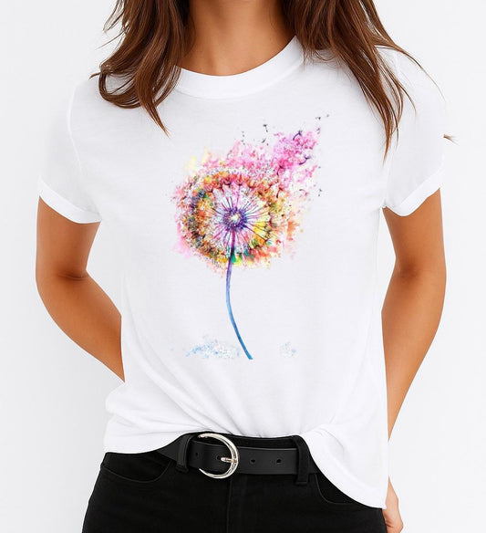 Tricou Alb Dama din Bumbac 100% - Pink Flower
