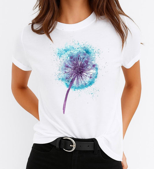 Tricou Alb Dama din Bumbac 100% - Blue Flower