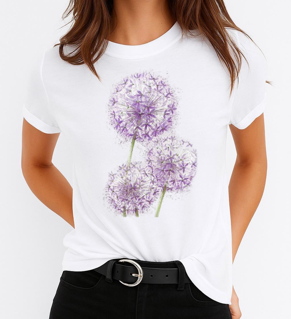 Tricou Alb Dama din Bumbac 100% - 3 Mov Flowers