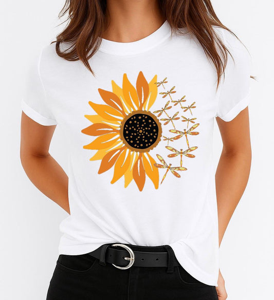 Tricou Alb Dama din Bumbac 100% - Floare si Libelula