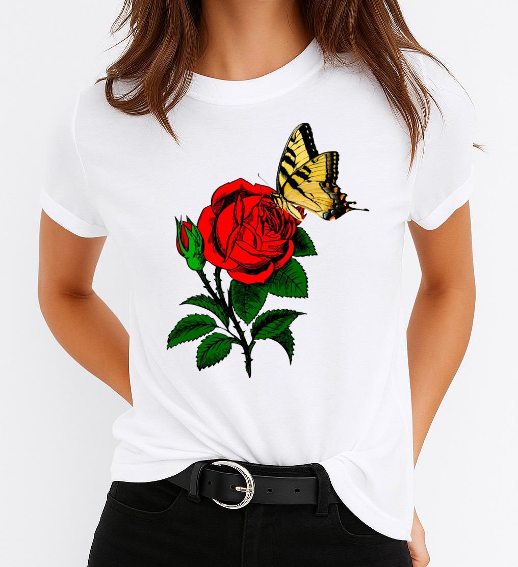 Tricou Alb Dama din Bumbac 100% - Red Flower