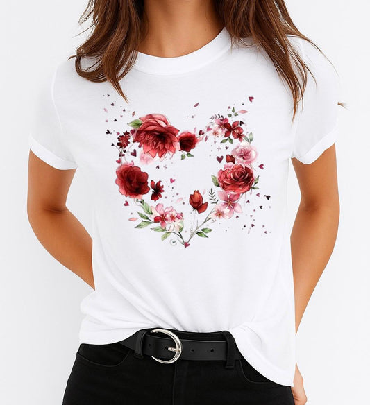 Tricou Alb Dama din Bumbac 100% - Flower Heart
