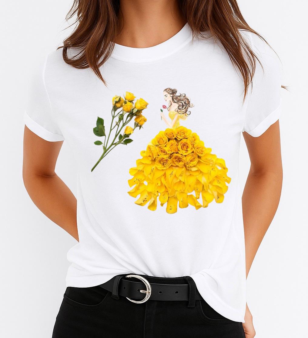 Tricou Alb Dama din Bumbac 100% - Yellow Dress