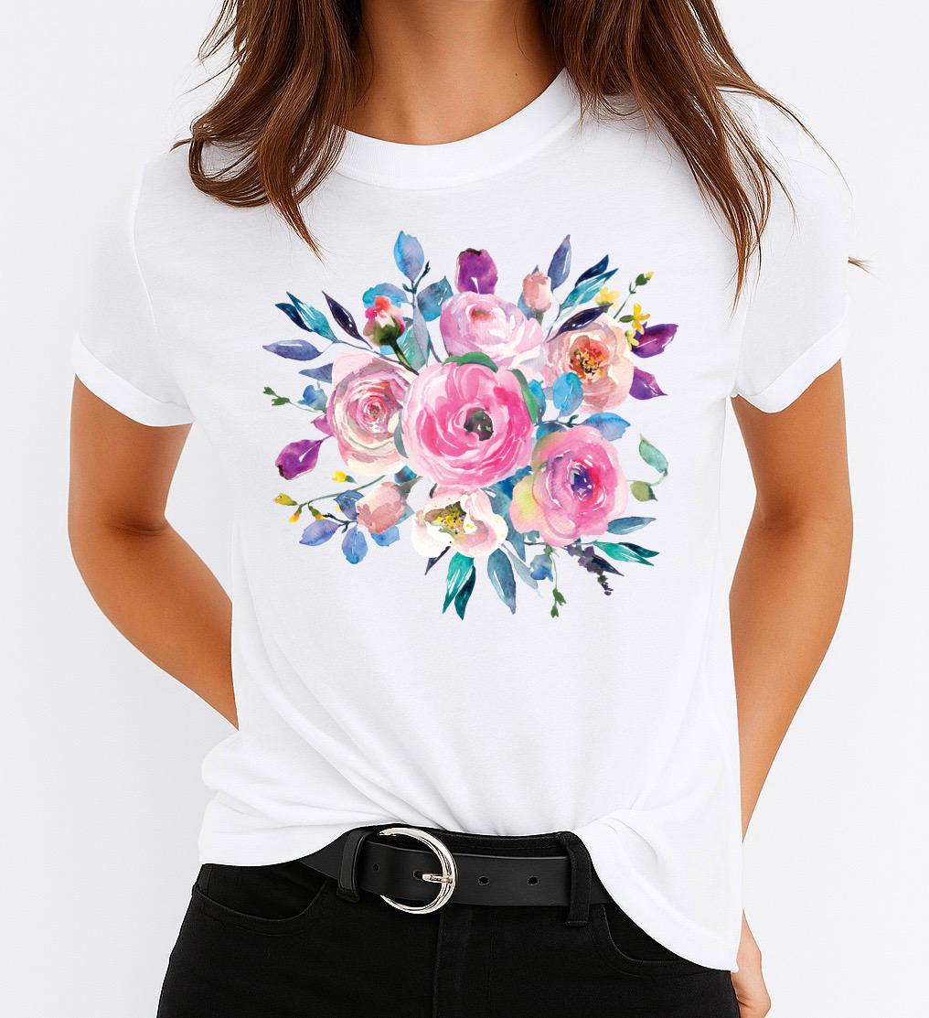 Tricou Alb Dama din Bumbac 100% - Flori