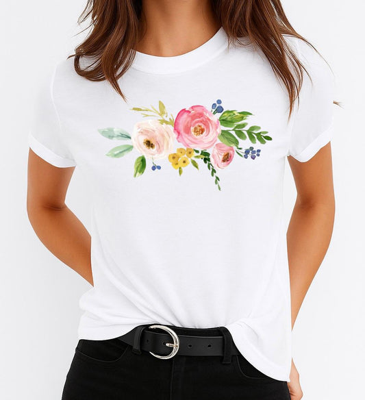 Tricou Alb Dama din Bumbac 100% - Flowers