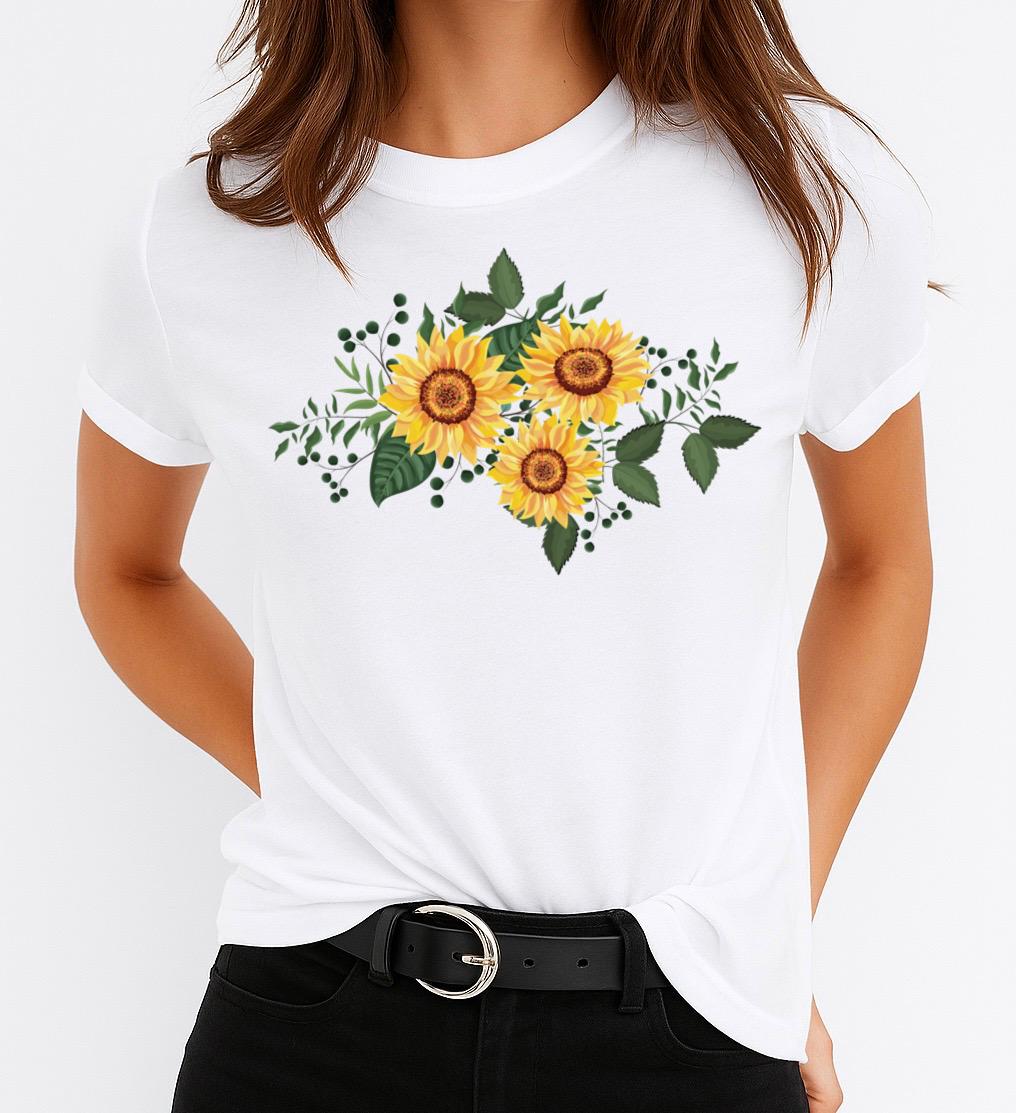 Tricou Alb Dama din Bumbac 100% - 3 Yellow Flower