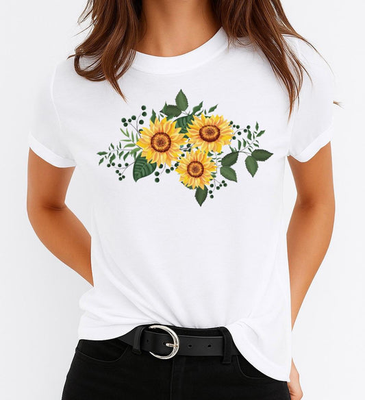 Tricou Alb Dama din Bumbac 100% - 3 Yellow Flower
