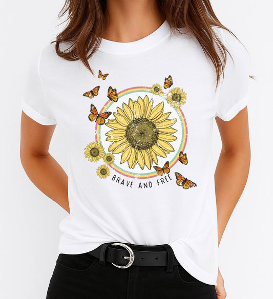Tricou Alb Dama din Bumbac 100% - Brave and Free