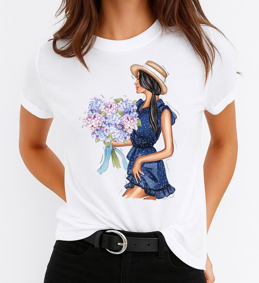 Tricou Alb Dama din Bumbac 100% - Blue Dress Nice Flowers
