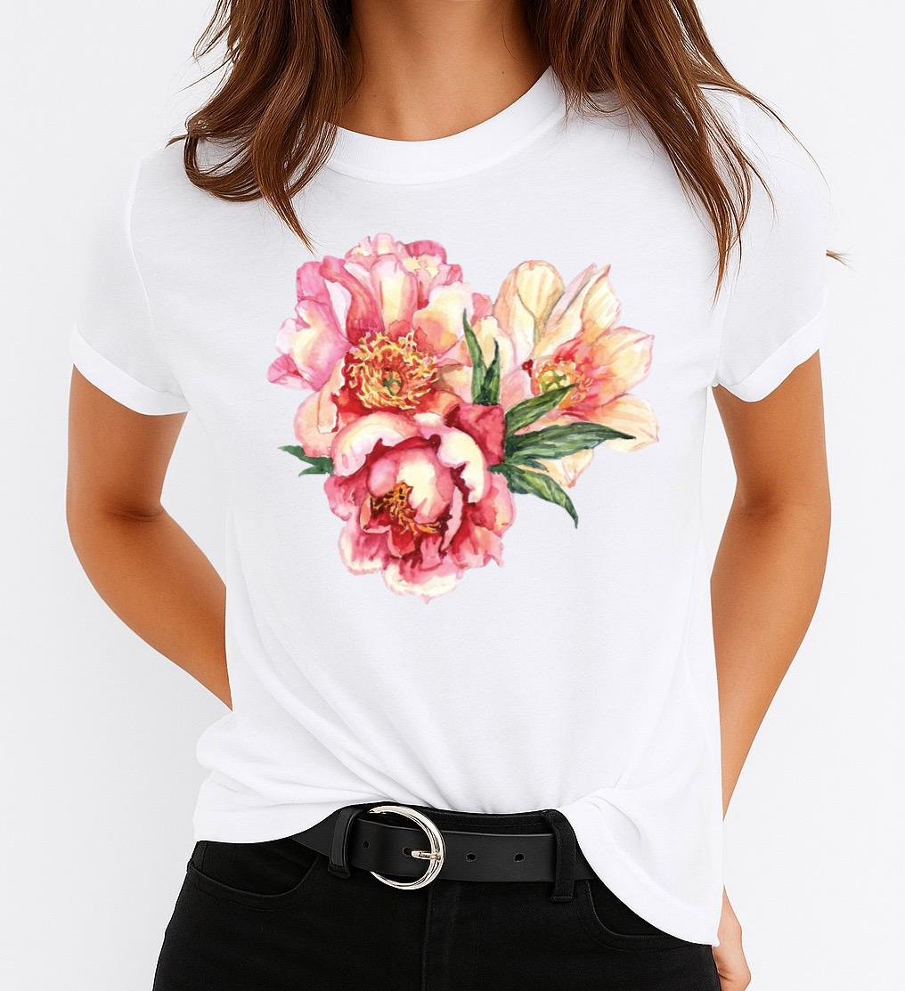 Tricou Alb Dama din Bumbac 100% - Spring Flowers