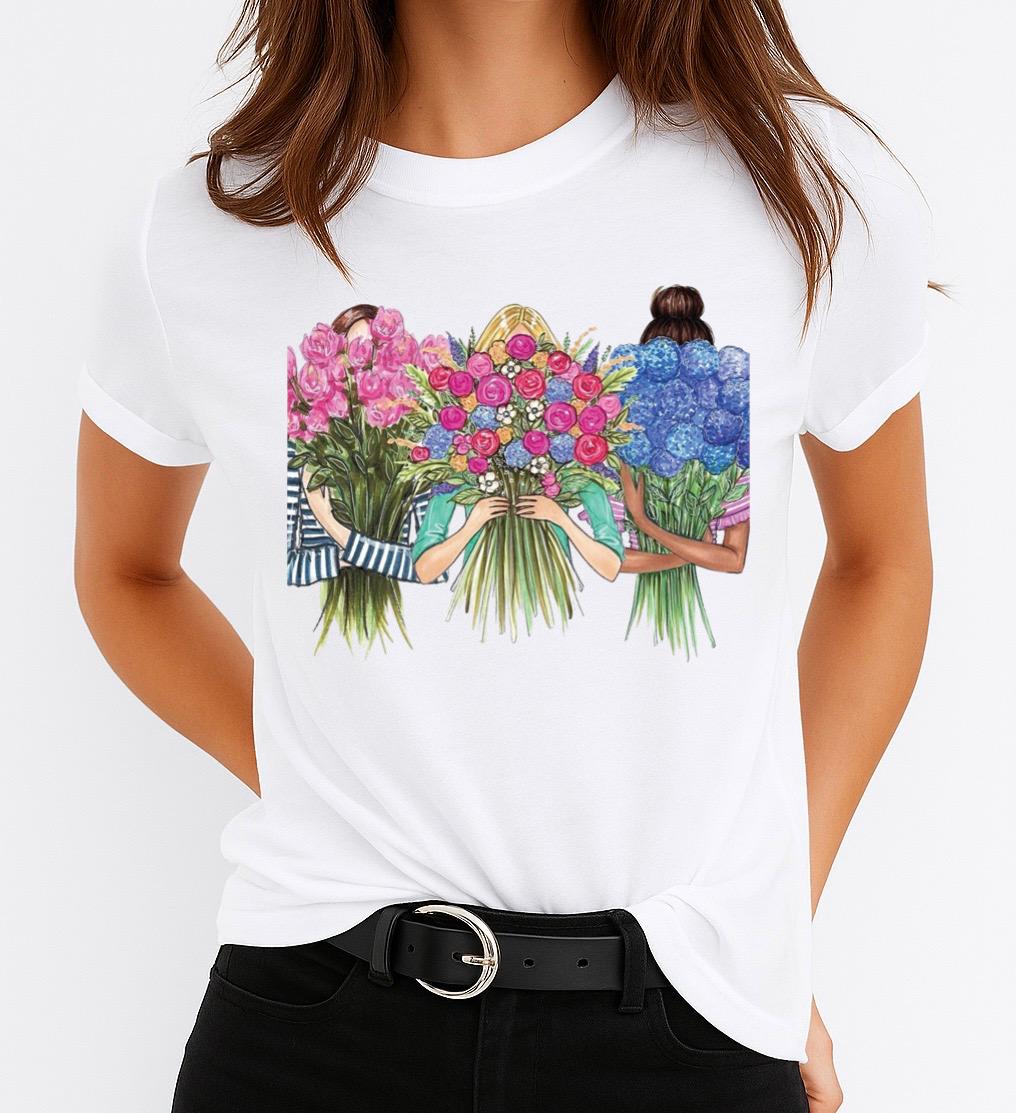 Tricou Alb Dama din Bumbac 100% - All Flowers