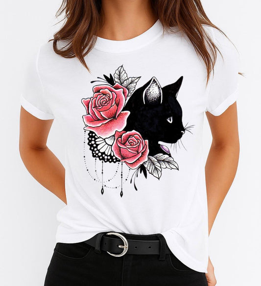 Tricou dama din bumbac 100% With Pink Flowers and Cat