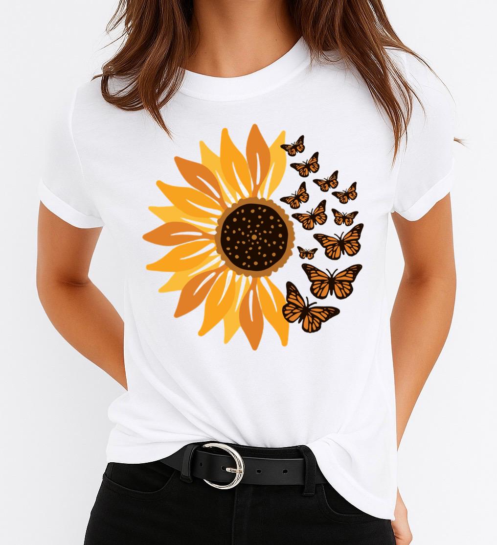 Tricou Alb Dama din Bumbac 100% - Yellow One Flower