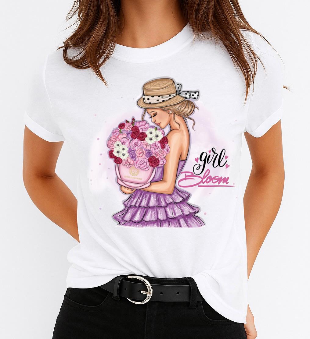 Tricou Alb Dama din Bumbac 100% - Girl Bloom