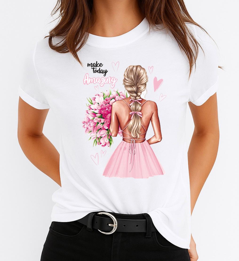Tricou Alb Dama din Bumbac 100% - Make Today Amazing